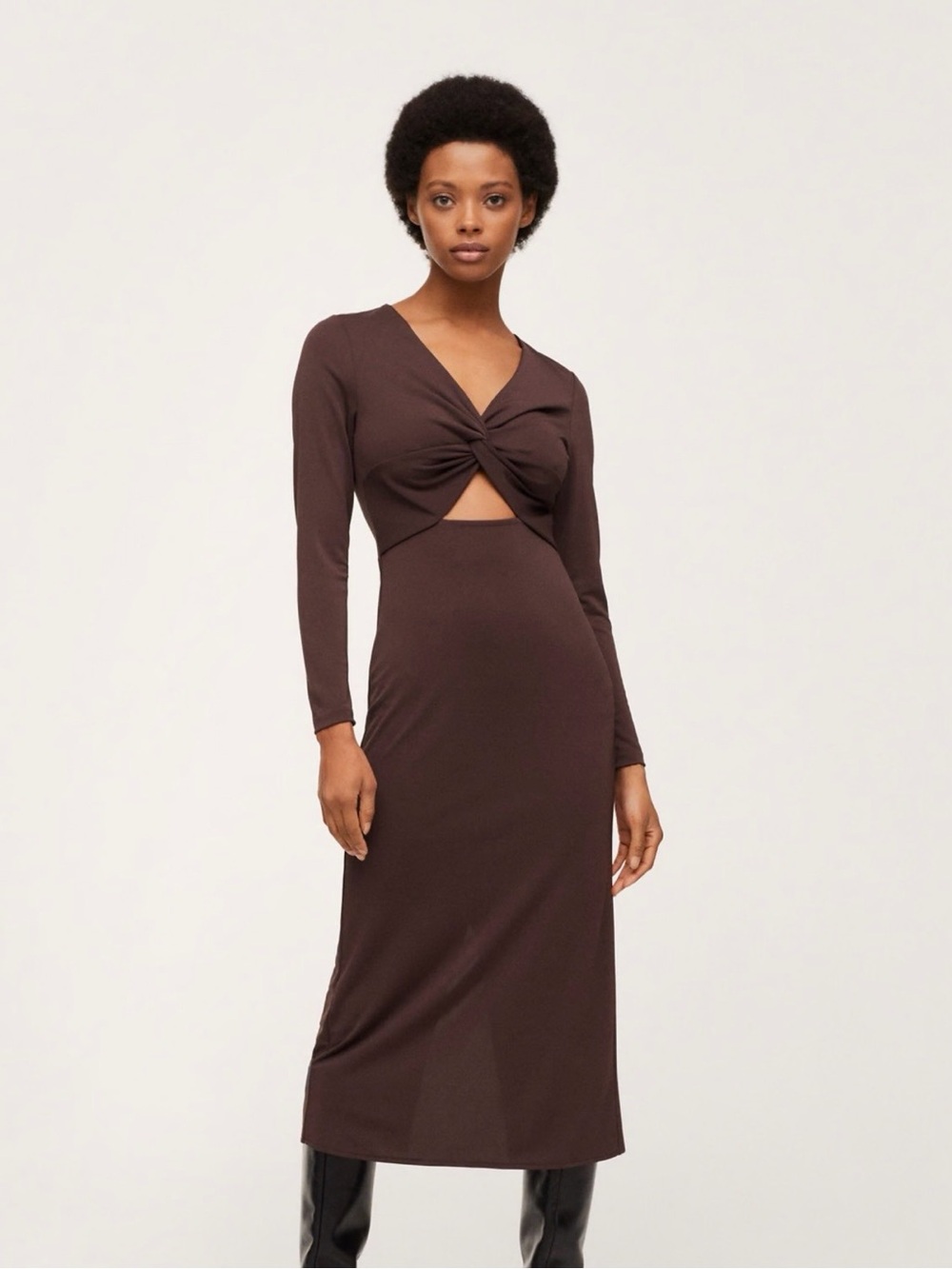NWT Mango Brown Twist Front Cut Out Midi Dress Long Sleeve Size S